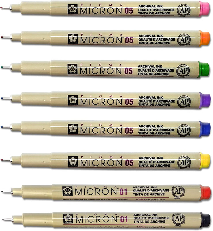 Pigma Micron 01 Kit de bolígrafo inductivo de estudio bíblico de punta fina y 05 de punta media | Tinta pigmentada sin sangrado | Negro, Rojo, Naranja, Azul, Verde, Rosa, Violeta, Amarillo (Juego de 8) | Nuevo embalaje | 