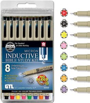 Pigma Micron 01 Fine & 05 Medium Point Inductive Bible Study Pen Kit | No Bleed Pigmented Ink | Black, Red, Orange, Blue, Green, Pink, Violet, Yellow (Set of 8) | New Packaging |